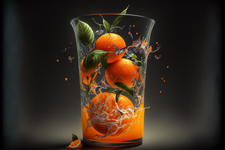 Tangerine juice glass. Juice splashes. Refreshig fruits concept. liquid fruits. Generative AIの素材