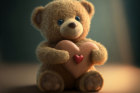 Teddy bear holding a heart. Teddy Bear sitting on the floor. Generative AIの素材