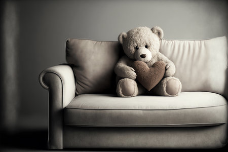 Teddy bear holding a heart. Teddy Bear sitting on white sofa. Generative AIの素材