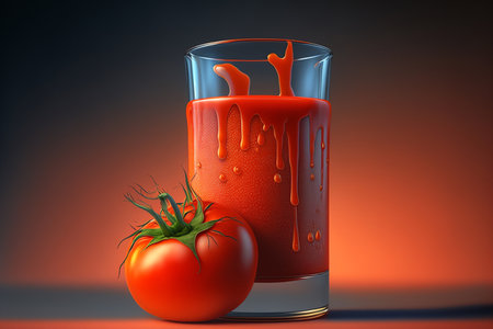 Tomato juice glass. Juice splashes. Healthy vegetables concept. liquid vegetables. Generative AIの素材