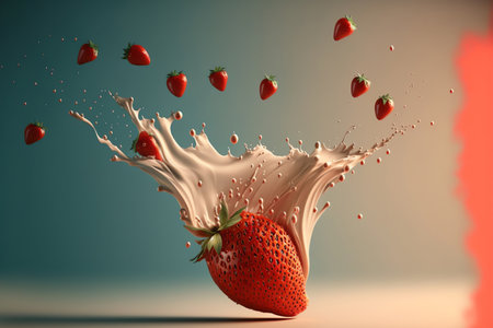 Strawberry splashing yogurt on white background. Fresh juicy berries concept. Juice splash. Flyingberry. Ripe berries. Generative AIの素材
