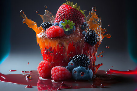 berry splashing juice. Fresh juicy berries concept. Juice splash. Flyingberry. Ripe berries. Generative AIの素材