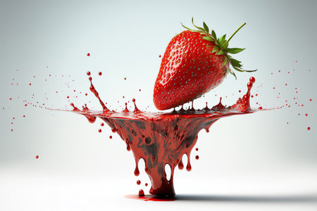 Strawberry splashing juice on white background. Fresh juicy berries concept. Juice splash. Flyingberry. Ripe berries. Generative AIの素材