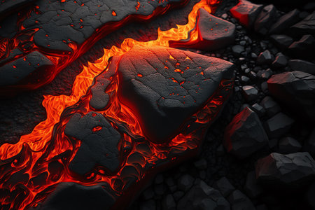 Lava crack ground mud textured. Magma flow. lava background. Generative AIの素材