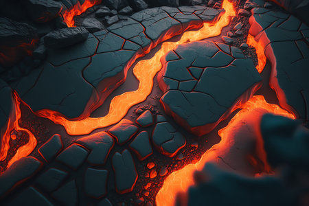 Lava crack ground mud textured. Magma flow. lava background. Generative AIの素材
