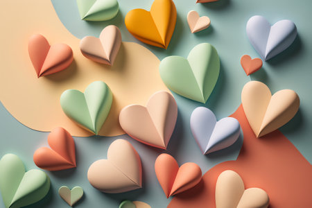 Decorative cute colorful paper hearts on pastel background. Top view flat-lay paper cut heart background. Generative AIの素材