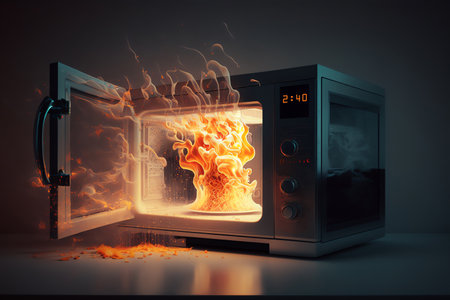 Burning microwave oven. Fire in a kitchen. Flames of fire in microwave oven. Generative AIの素材