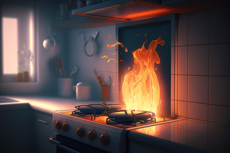 Burning gas stove. Fire in a kitchen. Flames of fire in gas stove oven. Generative AIの素材