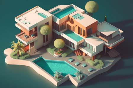 Isometric composition with modern suburban private house and clean yard with swimming pool. isometric house illustration. Generative AIの素材
