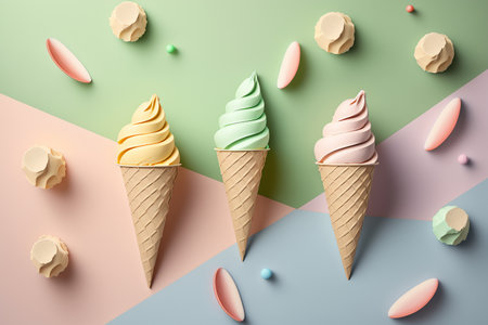 Various ice cream scoops in cones. Colorful ice cream cone on pastel background. Top view flat lay. Generative AIの素材