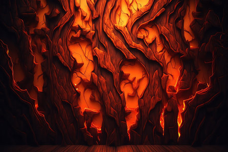 Burning wood abstract background. Wooden texture in shape of fire flames. Generative AIの素材