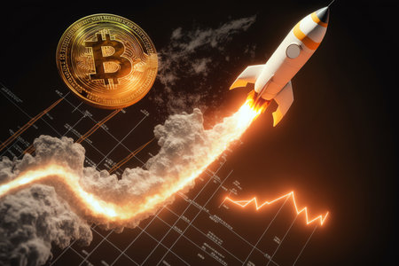 Bitcoin price rising up on rocket flame. Bitcoin sign and fire. Digital electronic currency. Cryptocurrency trading concept. online banking. Generative AIの素材