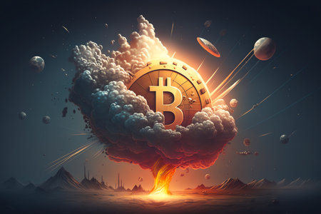 Bitcoin symbol explodes on an unknown planet. Bitcoin sign and fire. Digital electronic currency. Cryptocurrency concept. online banking. Generative AIの素材