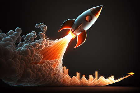 Business chart a new lucky startup with a rocket going up. business growth concept. rocket flame. Generative AI.の素材