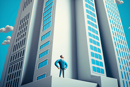 Businessman standing near skyscrapers. Growth, balance, success, business opportunities drawing concept. Generative AIの素材