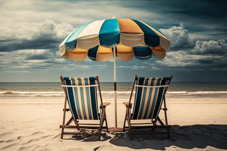 Beach chairs on the white sand beach with cloudy blue sky and sun. Drawing seascape. Generative AIの素材