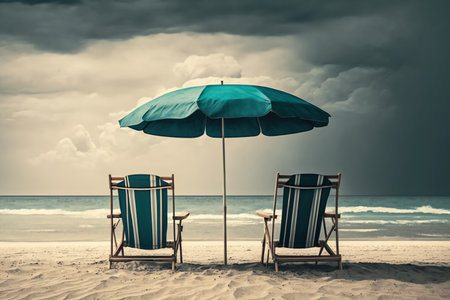 Beach chairs on the white sand beach with cloudy blue sky and sun. Drawing seascape. Generative AIの素材