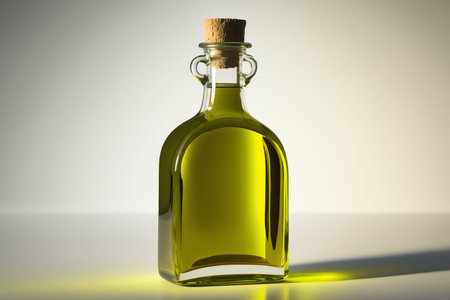 Bottle of fresh extra olive oil and green olives with leaves. Olive oil in bottle. Generative AIの素材