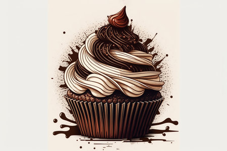 Tasty chocolate cupcake drawing. Cupcake with whipped cream. brown cupcake. Generative AIの素材