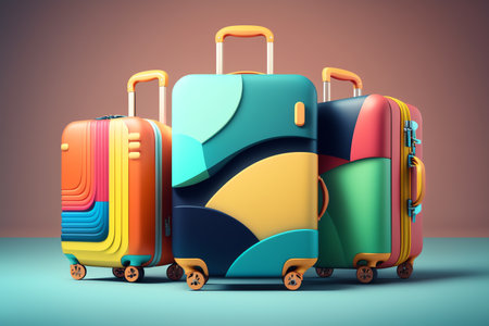 suitcases on wheels. Color suitcases for all family. travel concept. Generative AIの素材