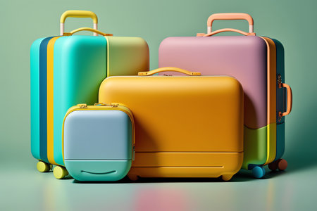 suitcases on wheels. Color suitcases for all family. travel concept. Generative AIの素材
