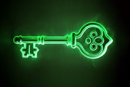 key symbol. Glowing green key. protection concept. Generative AIの素材