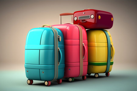 suitcases on wheels. Color suitcases for all family. travel concept. Generative AIの素材
