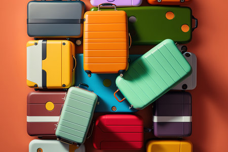 Suitcases on wheels flat lay background. Color suitcases for all family. travel concept. Generative AIの素材