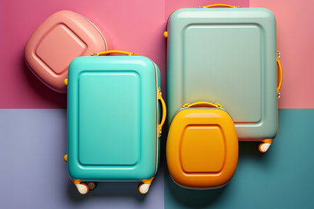 suitcases on wheels. Color suitcases for all family. travel concept. Generative AIの素材