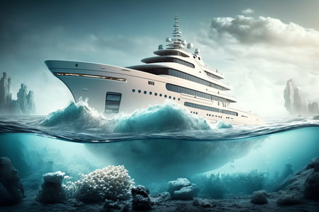 White luxury yacht sailing by blue sea. underwater view. Generative AIの素材