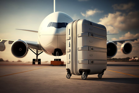 Drawing Suitcase on wheels in airport. Color suitcases for all family. travel concept. Generative AIの素材