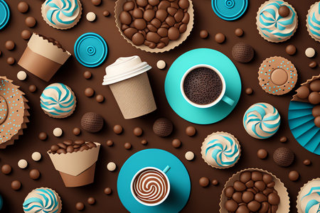 Coffee paper cups and muffins flat lay background. Coffee and cupcakes. Drawing coffee concept. Generative AIの素材