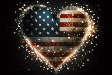 heart shape in american flag colors made by fireworks. Multicolored fireworks heart. firework explosion. love concept. 4th of july. Generative AIの素材