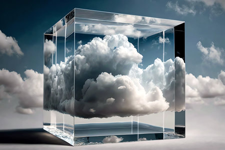 cloud storage concept. Clouds in glass cube.の素材