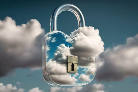 Cloud Security Concept. Cloud storage locked with padlock.の素材