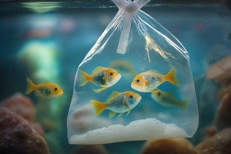 Fish swimming in water in transparent plastic bag. Sad fish due to ocean pollution by plastic.の素材