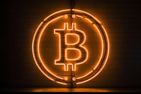 Bitcoin symbol in neon. Bitcoin sign made by neon tubes. Digital electronic currency. Cryptocurrency. online banking. Generative AI.の素材
