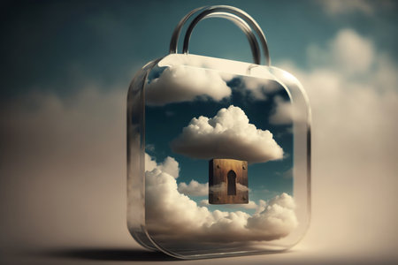 Cloud Security Concept. Cloud storage locked with padlock. Generative AIの素材