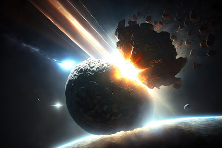 Asteroid or meteorite burst with fire. Laser explodes big asteroid. Planet protection system. Generative AIの素材