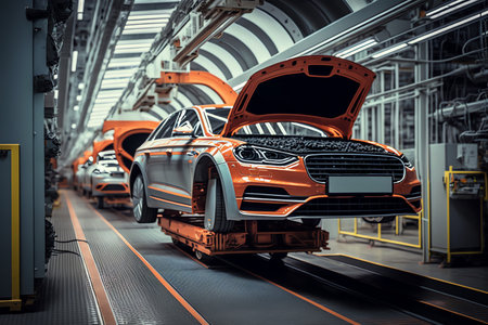 Car Factory Automated Conveyor Robot Assembly Line. Generative AI.の素材
