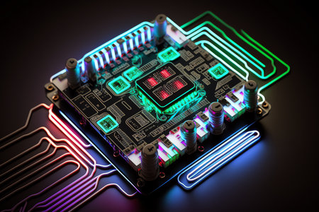Electronic circuit board close up. Glowing microchip in macro. Futuristic circuit concept. Generative AIの素材