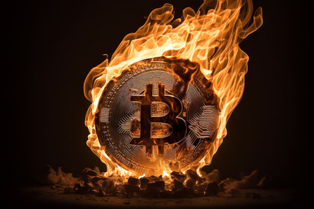 Bitcoin symbol in fire. Bitcoin sign burning. Digital electronic currency. Cryptocurrency. online banking. Generative AI.の素材
