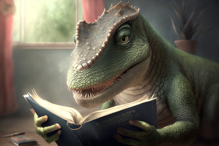 Portrait of a dinosaur reading a book. Old fashioned reading concept. Generative AI.の素材