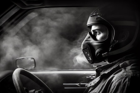 Driver wearing respirator or gas mask. Bad smell in the car. Concept of faulty air conditioners. Smelly gas blowing fron air vents ducts. generative AIの素材