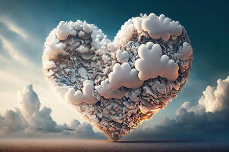 Heart shaped cloud in the blue sky. White cloud in shape of heart. love concept. Generative AI.の素材