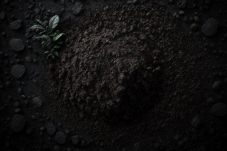 Soil texture background. Black soil textured. Generative AI.の素材