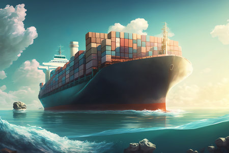 Cargo ship container in the ocean transportation, shipping freight transportation. Generative AIの素材