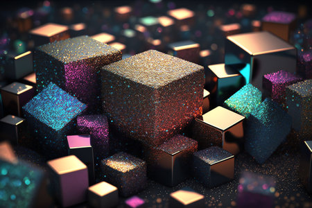 Background filled with shiny golden cubes. glitter background. Generative AI.の素材