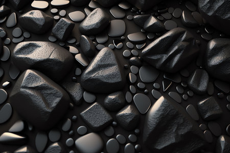 Black stone background. Black pebble texture background. Pebble sea beach close-up. Generative AI.の素材