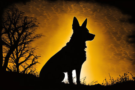 Howling wolf silhouette. Black dog howling. Generative AI.の素材